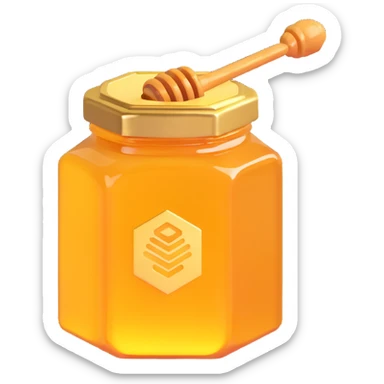 3D emoji style honey jar, hexagonal shape, golden honey, simple and expressive sticker