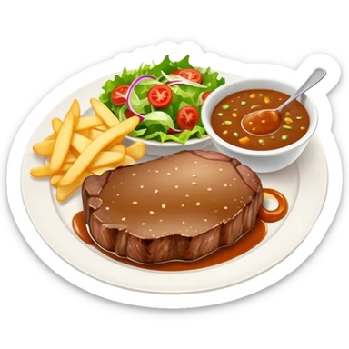 big juicy australian steak meal featuring chips, small salad in a ramikan and gravy in a small bowl on the plate sticker