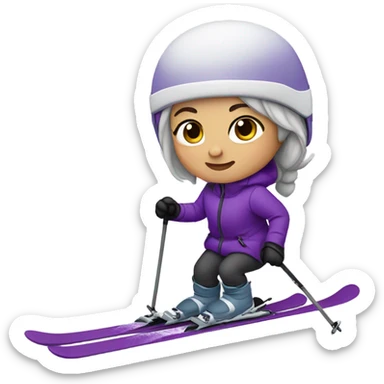 Cute girl skiing with grey hair and a purple coat light skin, helmet sticker