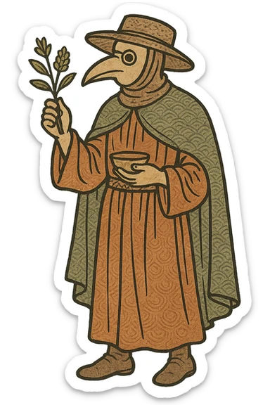 A full body medieval male doctor holding a herbal remedy sticker
