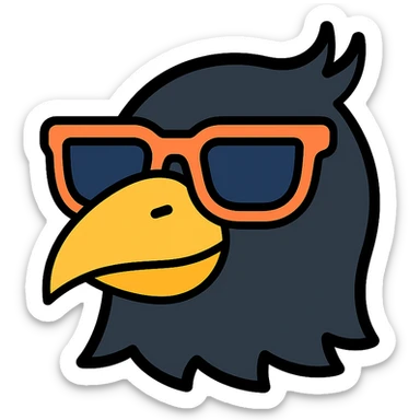 stylized black bird head with sunglasses, modern icon look, colorful lineal icon with black outlines sticker