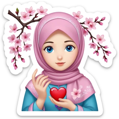 Turkish beautiful finish Konya girl blue eyes with cherry blossom flower lila design hijab and hold heart in her hand  sticker