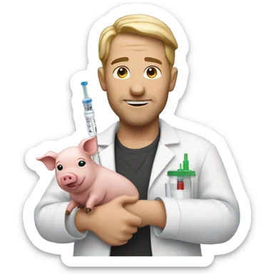 Man holding a pig on one hand and injection on the other hand sticker
