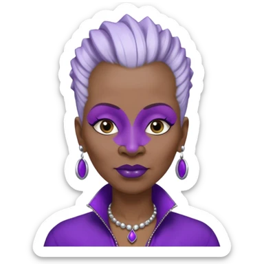 57yr old Qeen black woman with a long shaped face with white colored  natural hair mohawk style haircut adorning purple royalty clothing and purle lipstick, with a nose studs on each nostril  sticker