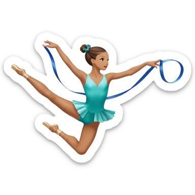 A graceful rhythmic gymnast performing with a flowing ribbon, executing an elegant leap mid-air. The pose exudes flexibility, balance, and artistry. The background suggests a competition arena with soft lighting, emphasizing movement, precision, and the beauty of the sport. sticker