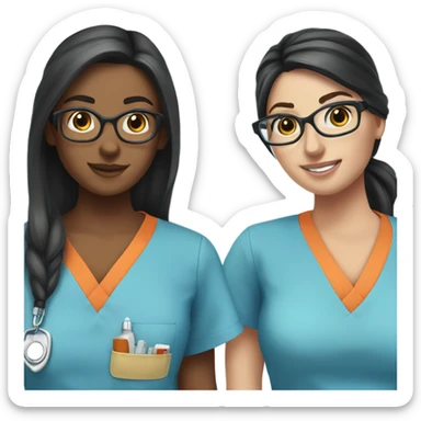 Best friend nurses in blue scrubs one has glasses with long black hair in a pony tail, the other has long dark brown hair with freckles sticker