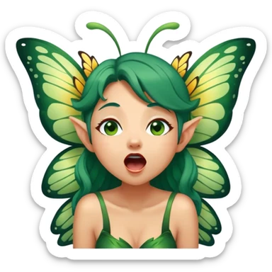 Cinematic Realistic Forest Fairy Portrait, head tilted slightly with a dramatic, wide-open yawn, revealing a tender, relaxed visage with finely detailed tanned skin and flowing, vine-adorned dark green hair gently framing her face. Her sleepy eyes exude a serene, dreamlike quality as soft natural sunlight filters through the canopy, showing her large butterfly wings from her back capturing the essence of a drowsy yet captivating forest drifting into peaceful slumber. sticker