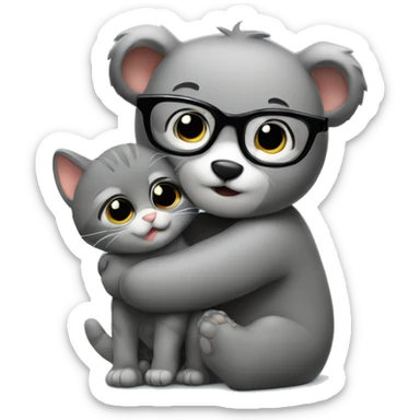 a bear cub in glasses hugs a gray cat sticker