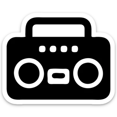 A boombox in a black filled icon style, with a cassette tape. sticker