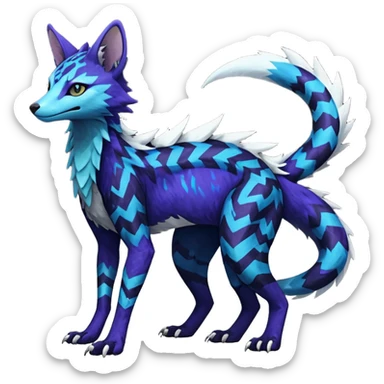 starry sparky fizzy Black-Dark-Vortexed Lightning-strike-zig-zag-patterned striking indigo-violet-blue-cyan-gradiented with dark undertones, white underside, thunderous stormy edgy badass realistic Vernid-Sergal-Genet-Trico-species by LiLaiRa, random markings, tufted tail, tufted ears, full body sticker