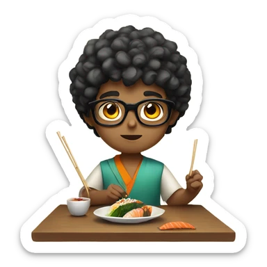 curly short haired indian boy with glasses eating sushi sticker