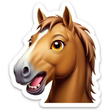 Cinematic Comical Bay Horse Portrait Emoji, Head tilted dramatically with an exaggeratedly amused expression, featuring a striking bay fur with a glossy finish and bold accents, wide, expressive amber eyes filled with playful disbelief, Simplified yet hilariously expressive features, highly detailed, glowing with a slightly sassy glow, high shine, dramatic yet playful, stylized with an air of cheeky mischief, bright and endearing, soft glowing outline, capturing the essence of a spirited and over-the-top horse, so meme-worthy it feels like it could side-eye its way into internet fame instantly! sticker