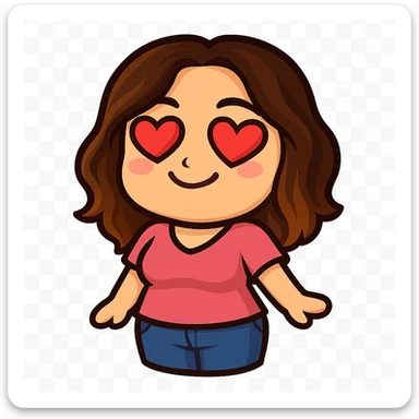 Sticker style chibi emote, matching the attached green heart emote as a base, but with a slightly skinnier body and a bigger chest. Woman from reference, pink t-shirt and blue jeans, heart eyes, cute loving face, no headband, no wand, no green heart, transparent background. Top color should not match jeans. sticker
