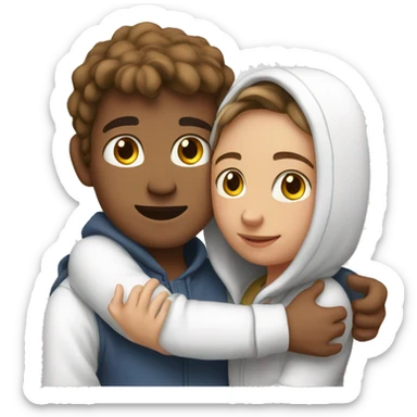 An emoji of a man wearing a white hoodie, standing next to his sister. He is hugging her warmly, showing a close sibling bond sticker