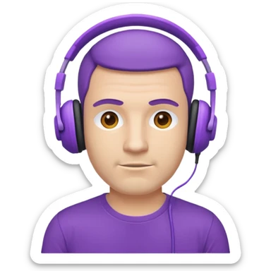 man with purple headphones and tshirt sticker