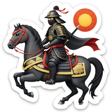 clash-of-clans-aesthetic_-cinematic-fearsome-and-majestic-samurai-bust-portrait-emoji, rendered in a flat, vector-style with minimal shading and bold, simplified shapes typical of emoji art, depicting a battle-hardened samurai with black mask and traditional black Japanese armor. The samurai is riding a noble grey warhorse adorned with an intricately designed saddle and fluttering banners and a rising sun. a zoomed insamurai riding on a  horse sticker