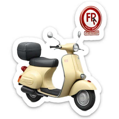A scooter (moped) with a "for rent" sign behind it sticker