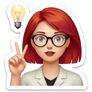 intelligent and clever, 30 year old, girl, red-blood hair, glasses, has an idea and holds her finger in the air, light bulb over the head sticker