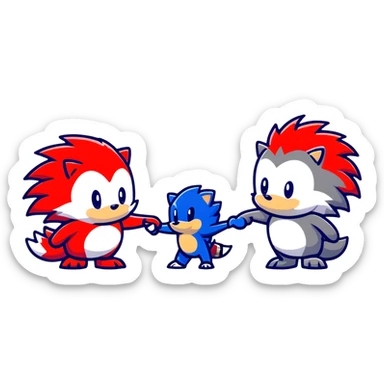 Sonic the blue hedgehog, Shadow the black and red hedgehog, and baby Silver the white hedgehog holding hands together in a line sticker