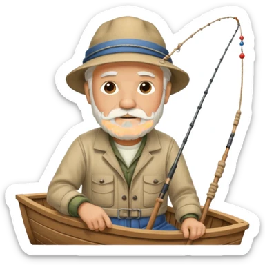 an old white haired, bearded man in fisherman attire, sat in a big boat on the ocean, casting a fishing line into the water sticker