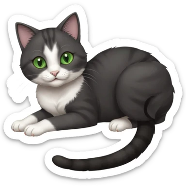 beautiful female solid dark grey cat with green eyes, white toes/paws and white patch on her chest playfully rolling upside down sticker