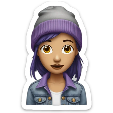 Female in her 20's with dark purple hair wearing a tattered Jean jacket and a gray beanie sticker