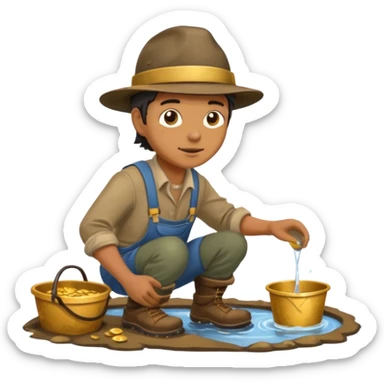 create a gold miner panning for gold near a stream sticker