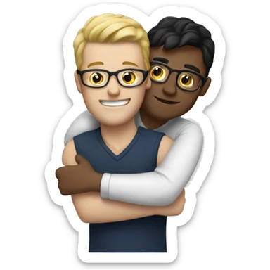two white brunette men hugging, one has glasses  sticker