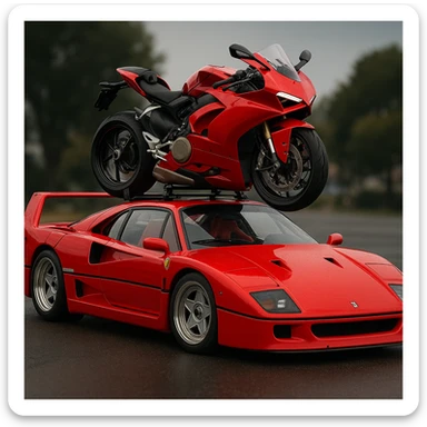 A Ferrari F40 sports car with a red motorcycle on its roof, detailed and dynamic. sticker