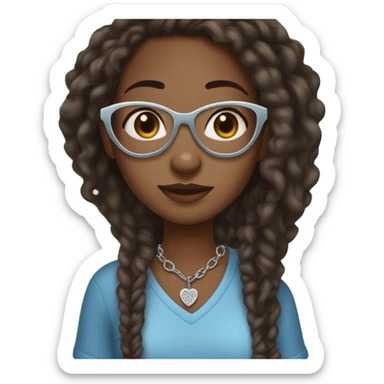 Dark brown skin girl with locs clear framed glasses blue shirt freckles silver necklace with heart  sticker