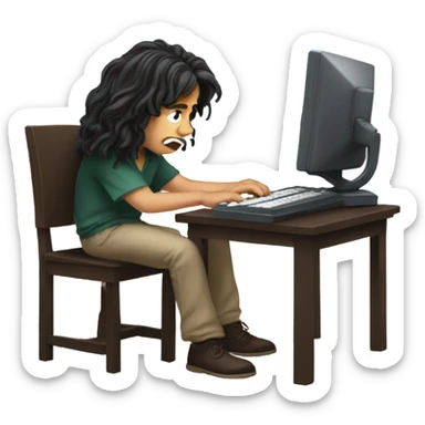 Long haired boy kid doing online school and punching the computer sticker