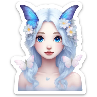 Edgy Cute Cool Kawaii gorgeous sparkly ethereal white fantasy animal with blue eyes sona with flowers and butterflies sticker