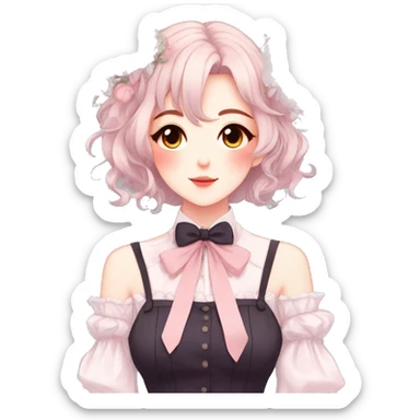 Gorgeous pastel anime style lady with blushing face and flowers and laces and bow ties and pretty hair aesthetic trending style sticker