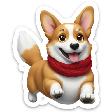 Playful corgi sliding on snow, wearing a red scarf, and leaving a trail of paw prints behind sticker