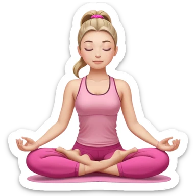 white woman with ponytail hairstyle in lotus position meditation yoga pose, closed eyes, relaxed face, wearing pink yoga outfit sticker