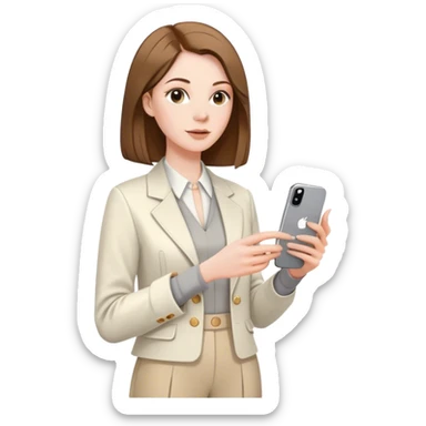 pale skin woman with brown Straightened bob Hair, White Spacious classical jacket, beige palazzo Arrow pants and gray blouse holding white IPhone 15 pro in the hands sticker