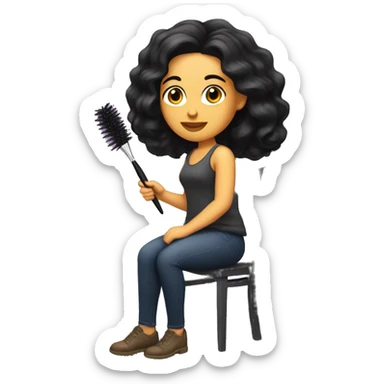 a white woman with black wavy hair sitting on a hair and holding a makeup brush sticker