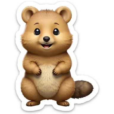 cinematic-quokka-realistic-full-body-standing-emoji,-small-round-frame-balanced-on-tiny-strong-hind-legs,giant fluffy cheeks large smile-fluffy-brown-fur-radiating-a-warm-softness,-big-round-eyes-filled-with-joy-and-innocence,-tiny-clawed-paws-held-close-to-chest,-cheerful-smile-exuding-endearing-happiness,-simplified-yet-realistic-focused-features,-highly-detailed,-glowing-with-a-sunny-warmth sticker