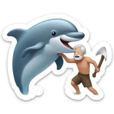 an old man fighting a dolphin with an axe sticker