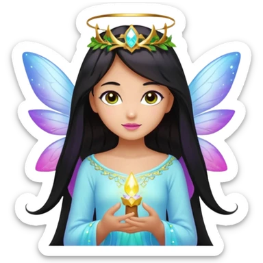 Earthreal sparkly angelic mystical magical shiny pretty Fairy. Dark Brown eyes. Caramel skin. Long black hair. White, hot pink and light blue and lavender and light green and light yellow  sticker