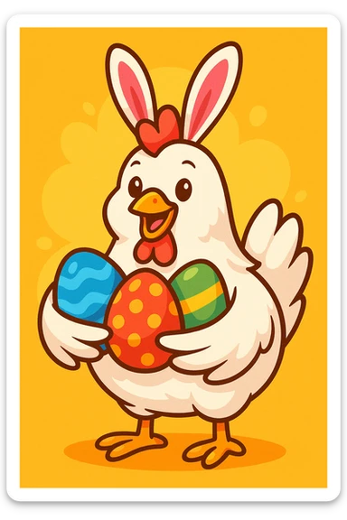 a white hen with pink bunny ears, holding colourful eggs, vibrant cheerful style sticker