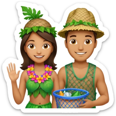 Hawaiian woman man with leaf hat and big trash net and colorful cloth sticker