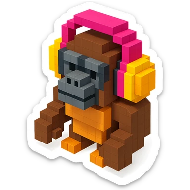 voxel style gorilla wearing large over-ear headphones, isometric view sticker