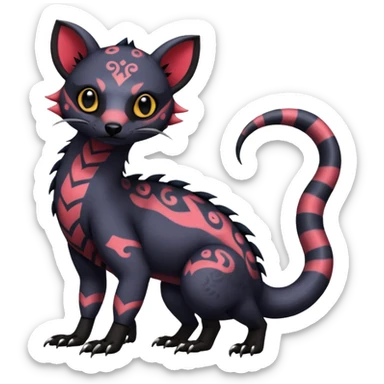 Rare warm-colored exotic gloomy tropical edgy cute epic aesthetic spooky  gothic colorful Salandit-Noibat-Civet-species-Fakemon-hybrid-creature, with tribal tattoo markings, full body sticker