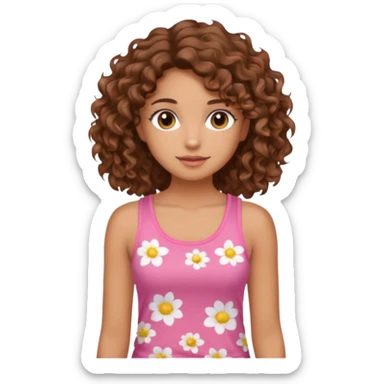 A pretty girl with tan skin and brown wavy curly hair, wearing a floral pink tank top with brown eyes sticker
