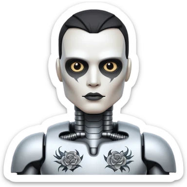 black metal Tatooed robot, big many tatooes on chest, neck and face, white tatoo on face sticker