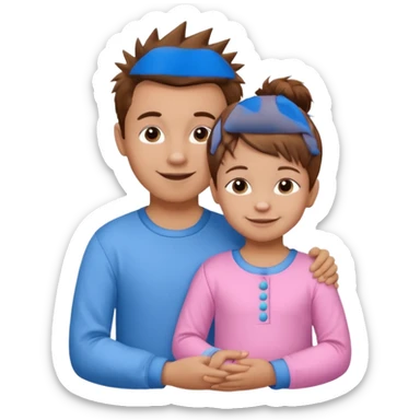 Try another - a smaller toddler girl with brown hair with her hair up, wearing pink pajamas and a bigger 4 year old boy with spikey brown hair, wearing blue pajamas. Both light skin and smiling.  sticker