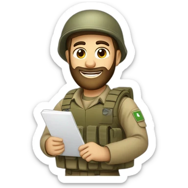 pale brown bearded israeli IDF soldier happy holding notebook and pen sticker