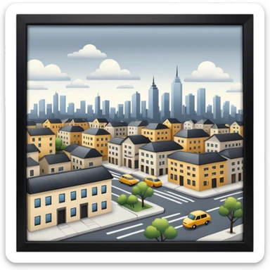 a small city,with buildings, streets, with it's calm transit sticker