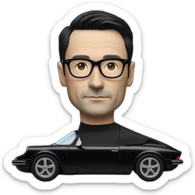 Hyper realistic Ralf Hutter from Kraftwerk, short straight black hair, black glasses, thin, side view, riding open top black tesla model 3 sticker